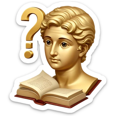 An icon featuring a classical bust, a book, and a question mark, symbolizing philosophy. The design includes a scroll with ancient text, evoking deep thought and intellectual inquiry. Transparent background highlights the search for knowledge and meaning sticker