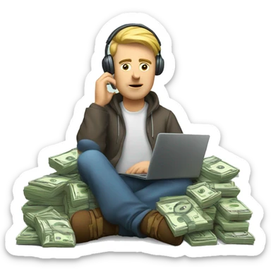 a white man, tired, is sitting at a laptop and talking on the phone, there is a bundle of money next to him, headphones on his head

 sticker