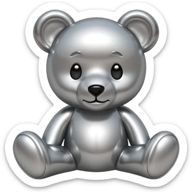 A cute teddy bear emoji made of liquid silver chrome, smooth rounded body, glossy metallic surface, soft reflections, friendly proportions, iOS emoji style, centered, clean white background sticker