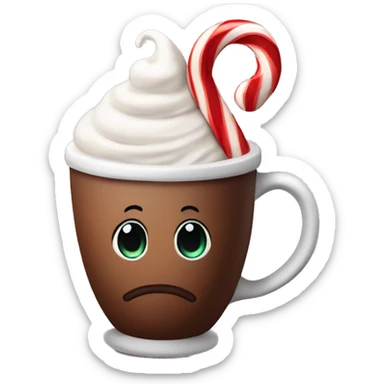 hot coco in s mug with a candy cane and whip cream sticker