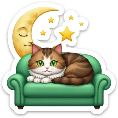 tricolor fluffy cat with big green eyes sleeping on a sofa with a moon above her sticker