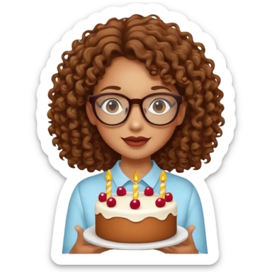Tanned girl with brown curly hair wearing glasses with a cake  sticker