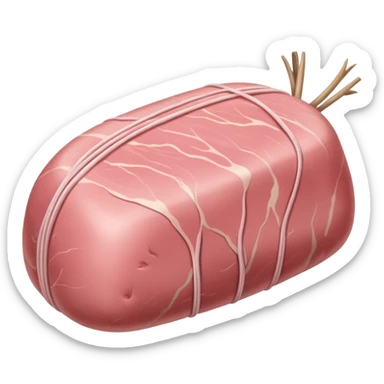 whole raw veal roast, smooth rounded shape, pale pink flesh, tender slightly moist surface, fine muscle grain, minimal marbling, tied with white butcher's twine, optionally covered with thin fat layer or barded, no tray, no herbs, no extras, soft lighting, subtle shadows, emoji scale sticker