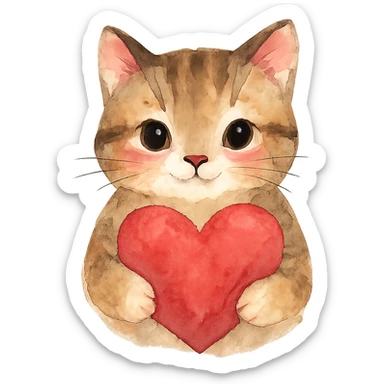 watercolor style cat with a heart sticker