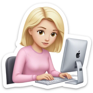 Blonde lady working in a computer with light pink clothes sticker