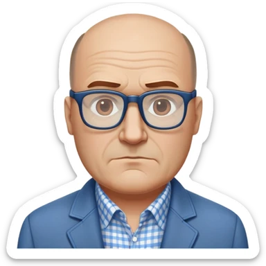 50-year-old heavyset man with wide face and prominent square jawline. Hair only on top of head with completely bald sides (horseshoe pattern baldness). Large dark square glasses. Serious-relaxed expression. Light gray jacket that fits his larger frame, white shirt with blue checkered pattern. sticker