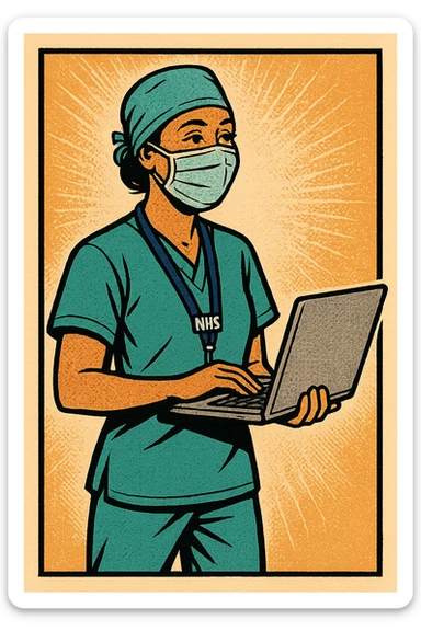 The full body of a modern day surgeon.  The surgeon is female and has an NHS lanyard around her neck.  She is smiling and facing the right. She is also holding a laptop sticker
