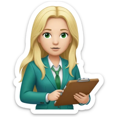 Full Body white plus size female basketball head coach using a clipboard with long blonde hair in a blue and green suit sticker