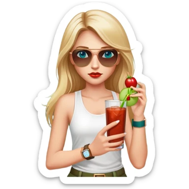 girl with long blond hair
with blue eyes
and aviator sunglasses
wearing white tank top 
holding bloody mary
wearing (rose gold apple watch with forest green band) sticker