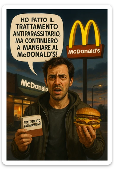 A realistic, cinematic illustration of a man in his early 30s with a confused yet stubborn expression, standing outside a McDonald's at dusk, holding a small box labeled 'Trattamento Antiparassitario' in one hand while holding a large McDonald's burger in the other. He is mid-sentence, saying 'Ho fatto il trattamento antiparassitario, ma continuerò a mangiare al McDonald!' in an expressive speech bubble. The man wears casual streetwear, and behind him, the McDonald's golden arches glow under a neon-lit sky. The mood is ironic and educational, highlighting the contradiction of doing parasite cleanses while continuing unhealthy fast-food habits. The style is realistic with slight illustrative clarity, emphasizing the message humorously while maintaining a serious undertone about lifestyle choices and health in italiano sticker