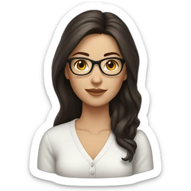 White woman with long dark brown hair using glasses writing sticker