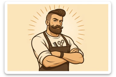 shu pozada turgan faqat chap tarafga qarab turgan sartarosh ustani tasvirlab ber sticker