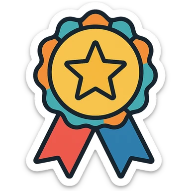 vector icon of a gold performance badge symbol with multicolor details, elegant minimalist flat design, award badge style, 2D flat vector, trending icon look, soft shadows, no text, commercial use, isolated on white background sticker