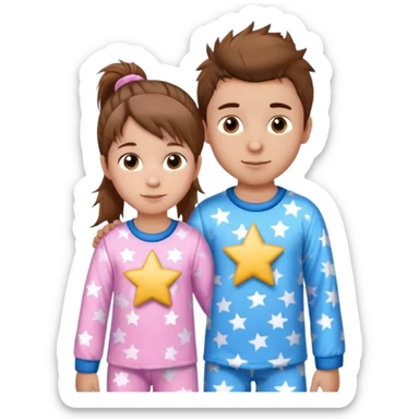 4 year old brown spikey haired boy with blue pajamas with stars on them and a 1 year old brown haired pony tail girl with pink pajamas, and stars on them with light skin sticker