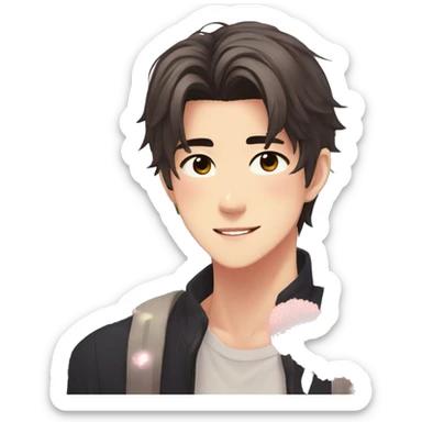 Gorgeous bright sparkly romantic Asian anime style guy with blushing face and flowers aesthetic trending style outside sticker
