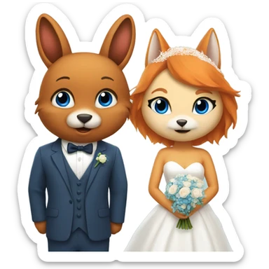 bunny with blue eyes and, a fox on their wedding day sticker