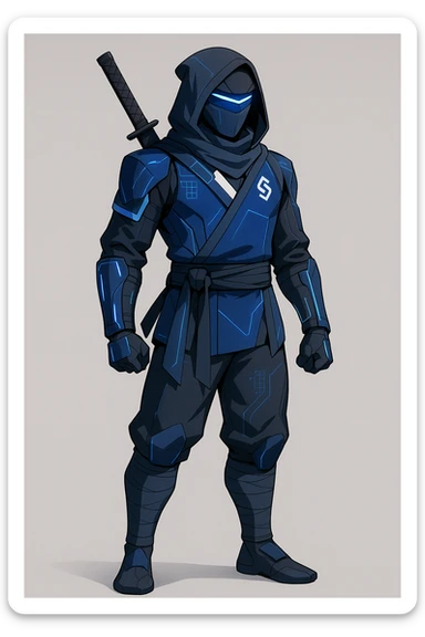 A sleek, modern ninja character inspired by DeepSeek, featuring subtle tech elements and referencing DeepSeek's branding and color palette, in a clean and detailed style. sticker