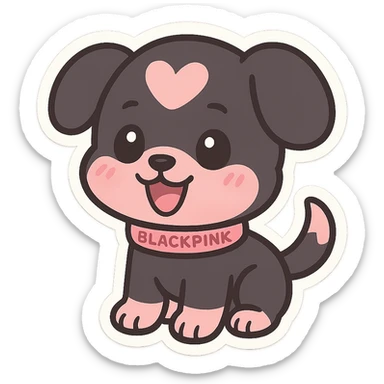 BLACKPINK-inspired chibi sticker, black and pink puppy, cheerful and sweet sticker