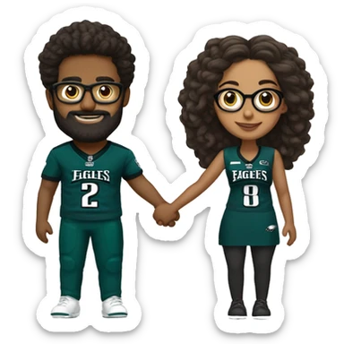 Brown guy with beard mustache and brown girl with glasses and her hair in a bun in Philadelphia eagles clothes holding hands sticker