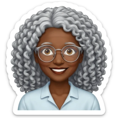 smiling dark older black woman wearing glasses with lots of long curly silver hair a sticker