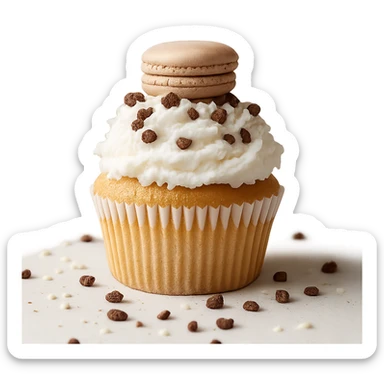 Change the icing to coconut (white, with a slightly textured or shredded coconut appearance), keep the realistic cupcake and accessories, photorealistic style, transparent background. sticker