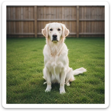 adult english cream golden retriever sitting on grass, facing camera, fence in the background sticker