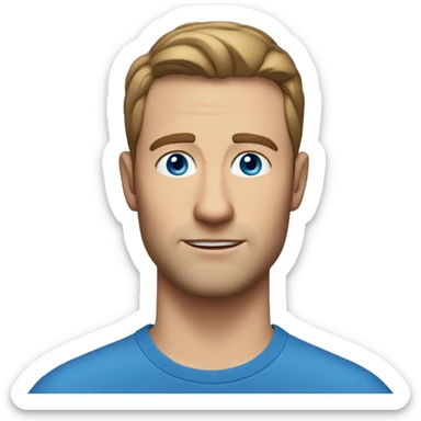 A head and shoulders shot of a 35 year old white man, with short brown hair,   with blue eyes wearing a t-shirt. sticker