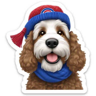 Bernedoodle with chicago cubs hat and scarf sticker