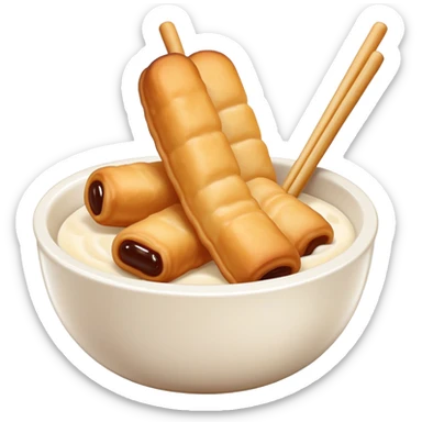 Soy milk and fried dough sticks Doujiang Youtiao in bowl and stick, simplified emoji style with bold outlines and bright colors, cartoon style traditional Chinese breakfast combo sticker
