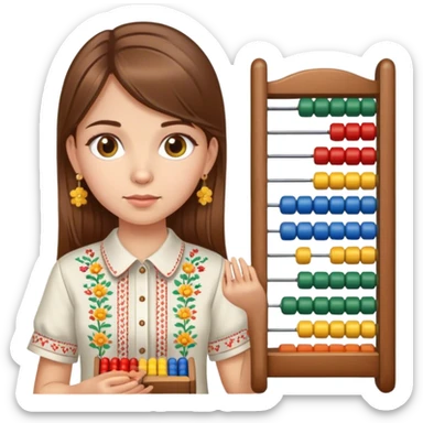 A Ukrainian girl with brown hair in an embroidered shirt holds an Abacus sticker