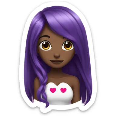 Cute black anime with long purple hair holing a heart sticker