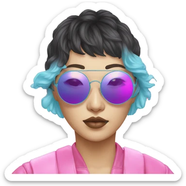 a short-haired Taiwanese lesbian with vaporwave style, sunglasses with vaporwave image on it. sticker
