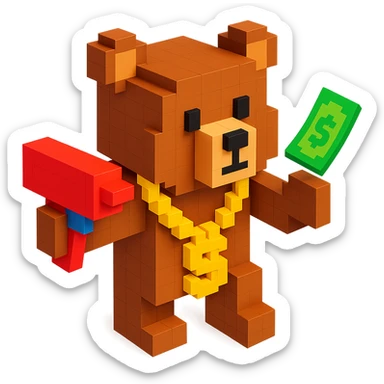 Russian grizzly bear wearing a rapper chain and holding a money gun sticker