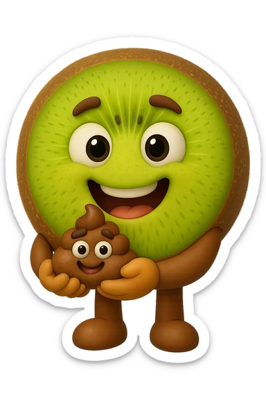 emoji stile iphone di kiwi che tengono in mano un pezzo di colon con espressione felice in volto, iperrealistico 4k sticker