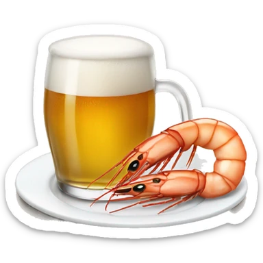 a glass of beer next to a plate of shrimp sticker