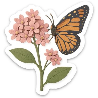 close-up of milkweed flowers with a monarch butterfly, fine paper edges, delicate pink blossoms, detailed butterfly wings sticker