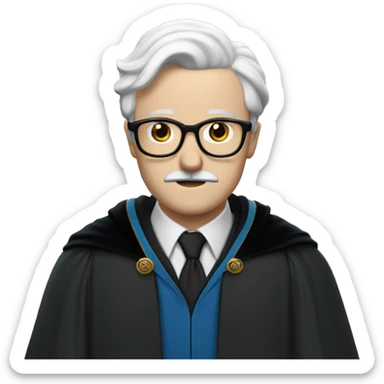 man with white skin,hair is straight and black, a black mustache, glasses, with a magic hat, ravenclaw sticker