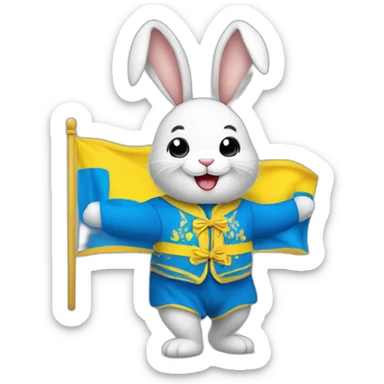 A smiling rabbit in a Ukrainian flag costume sticker