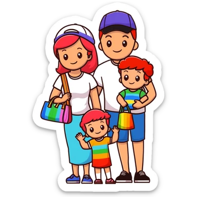 A happy family of four - father in white t-shirt and cap, mother with red hair in coral dress, young daughter in matching dress with rainbow handbag, teenage son in light embroidered shirt, all smiling together sticker
