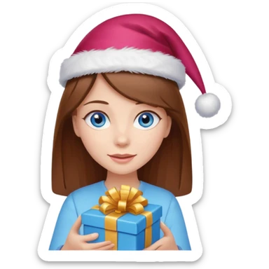 girl with brown hair and blue eyes, holding a present and wearing a birthday hat sticker