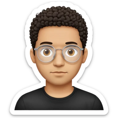 Light brown skinned Latino man with oval face, transparent aviator eyeglasses with thin metal frames, completely bald sides with extremely short dark curly hair only on crown, friendly neutral expression, casual black t-shirt sticker