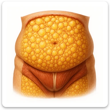 realistic abdomen with visible fat layer, anatomical illustration, cellular details, white background sticker