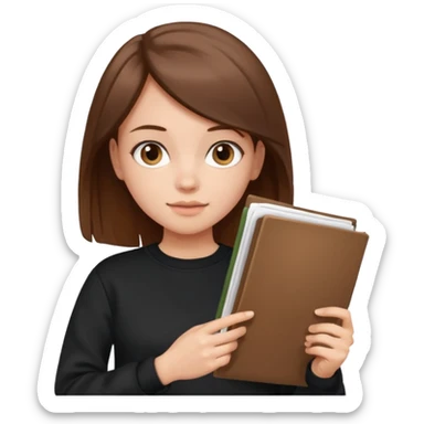 a girl with documents in her hands, in a black sweatshirt with brown hair with a square sticker