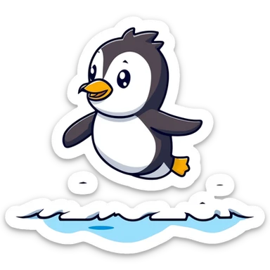 Playful cartoon penguin sliding on ice sticker