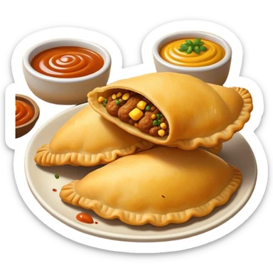 Cinematic Realistic Colombian Cornmeal Empanadas Emoji, showcasing the golden, crispy shell filled with savory meats and spices, served with a side of aji dipping sauce, rendered with vibrant textures and warm, inviting lighting. sticker