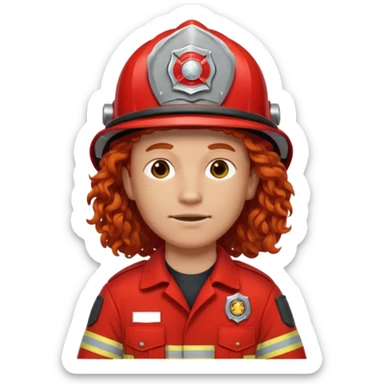 Firefighter man curly long hair with red uniform sticker
