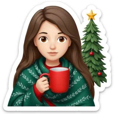 Brown eyes, fair skin, hooked nose, full lips, long hair down to her shoulders, wrapped in a gray blanket, drinking from a red mug with a Christmas tree sticker
