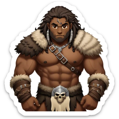 Clash of Clans aesthetic: Cinematic Battle-Hardened Barbarian Portrait Emoji, Stark and unyielding with a burly, muscular frame marked by scars, wild, flowing hair and a steely, unrelenting gaze, dressed in rugged furs and bone armor, Simplified yet meticulously detailed features, highly detailed, glowing with a cool, steely radiance, high shine, relentless and valorous, stylized with an air of ancient tribal might, focused and resolute, soft glowing outline, capturing the essence of a seasoned barbarian whose every scar tells a story of survival and conquest! sticker