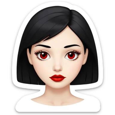 female face with black eyes, black hair at neck level, full red lips, neutral expression sticker