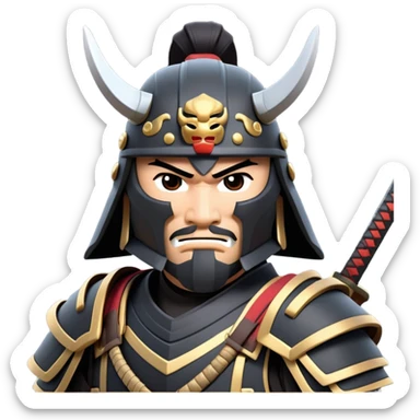 clash-of-clans-aesthetic_-cinematic-fearsome-and-majestic-samurai-bust-portrait-emoji, rendered in a flat, vector-style with minimal shading and bold, simplified shapes typical of emoji art, depicting a battle-hardened samurai with black mask and traditional black Japanese armor. The samurai is riding a noble grey warhorse adorned with an intricately designed saddle and fluttering banners and a rising sun. a samurai on a   horse sticker